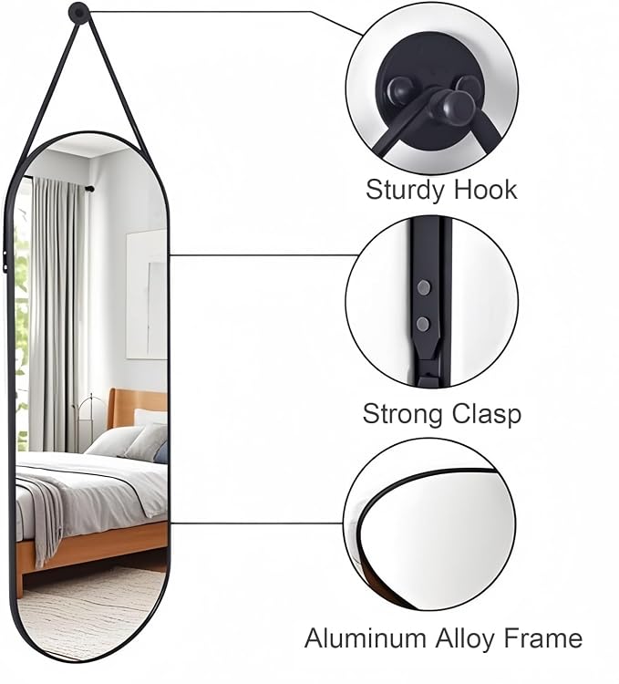 Dewfig 48"x16" Full Length Mirror, Oval Wall Mirror Leather Strap, Black - Image 7