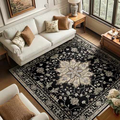RELEANY Washable Area Rug, Square 6'x6', Black/Neutral by RELEANY