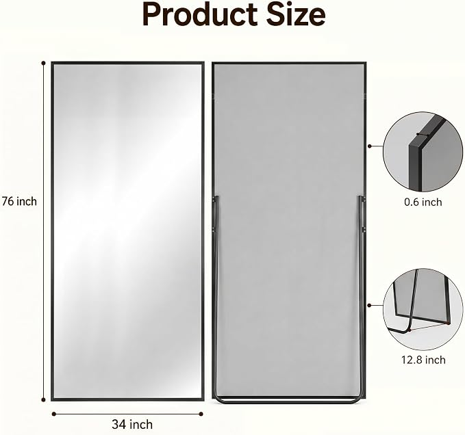 Antok Full Length Mirror, 76"x34" Floor Mirror with Stand, Black, Rect - Image 8
