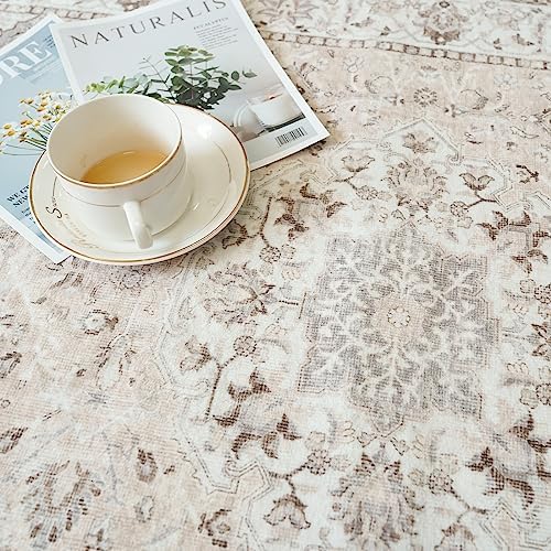 3x5 Living Room Area Rugs: Vintage Washable Non-Slip Rug for Bedroom Dining Room Soft Carpet for Nursery Kitchen Home Office Durable & Easy-Clean Design Perfect for Homes with Cats & Dogs(3x5 Beige) - Image 3