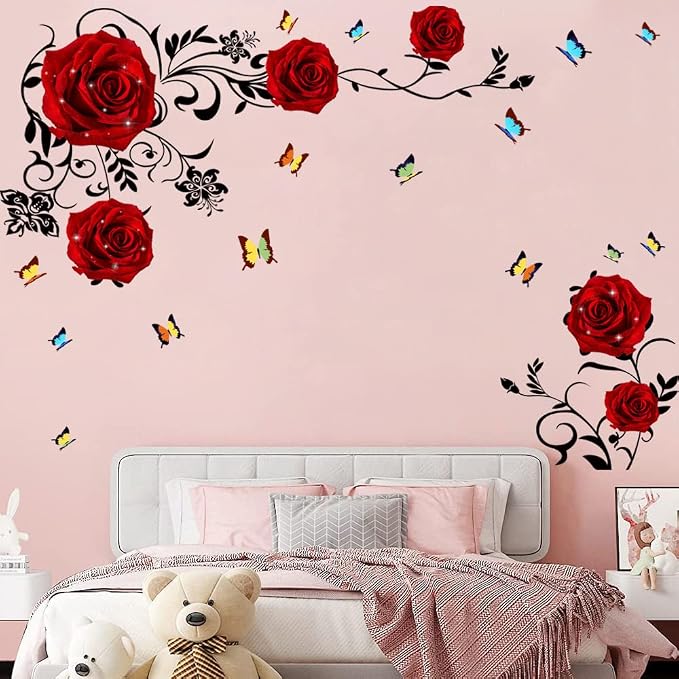 Supzone Red Rose Wall Stickers Rose Flower Vine Wall Decal Purple Peony Floral Wall Decor DIY Vinyl Mural Art for Bedroom Living Room Sofa Backdrop - Image 8