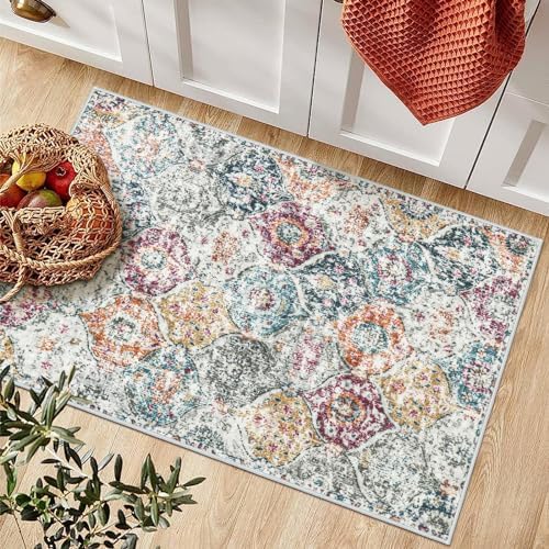 Lahome Moroccan Trellis Entryway Rug, 2x3 Kitchen Rugs Non Slip Washable, Non-Slip Indoor Door Mat Ultra-Thin, Small Throw Carpet for Bathroom Bedroom Entry Elise, Aqua/Multi - Image 4