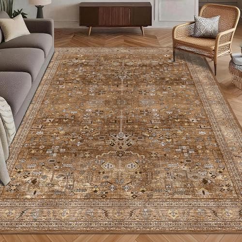 Washable Area Rug 5' x 7' Vintage Traditional Persian Mat - Foldable Distressed Non-Slip Machine Washable Carpet for Living Room Bedroom Kitchen Home Decor - Bronze and Ivory by Unknown