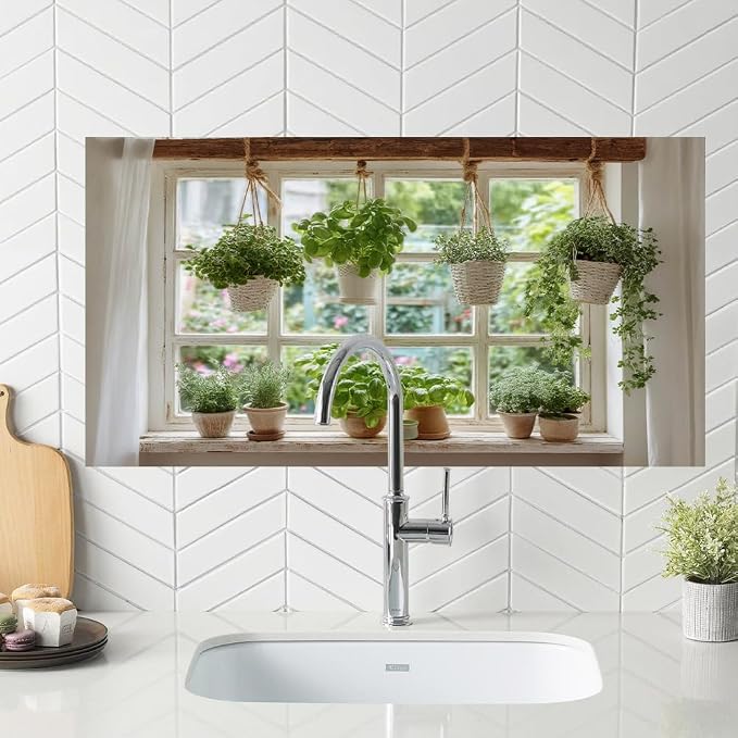 Herb Garden Kitchen Backsplash Peel and Stick, 30x16 in | Farmhouse window with hanging herb baskets and terracotta pots; flat 2D waterproof peel and stick; wipe clean; 30x16 in - Image 5