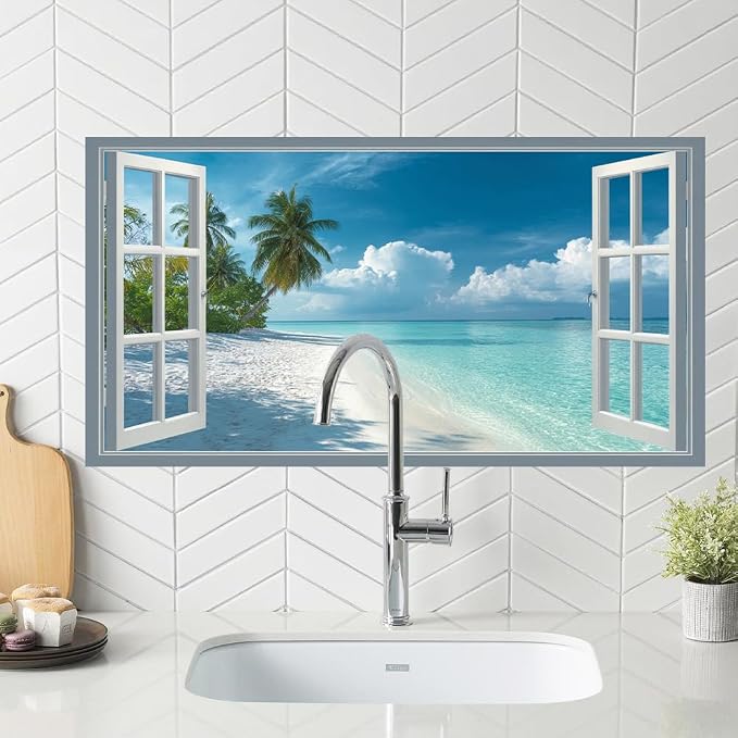 Tropical Beach Kitchen Backsplash Peel and Stick, 30x16 in | Fake window view of white sand beach and turquoise ocean; waterproof peel and stick; wipe clean; 30.31 x 16.14 in - Image 5
