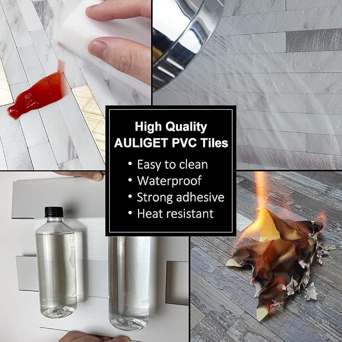 AULIGET Faux White Stone Peel and Stick Backsplash, 2 PVC Mixed Metal Wall Tiles Stick on Backsplash - Image 6