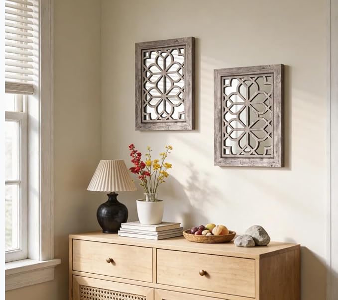 Set of 2 13x17 Inch Rectangular Shatterproof Decorative Wall Mirrors, Boho Farmhouse Rustic Vintage Grey Accent Mirrors for Living Room, Bedroom, Entryway & Home Wall Decor（Brown） - Image 3