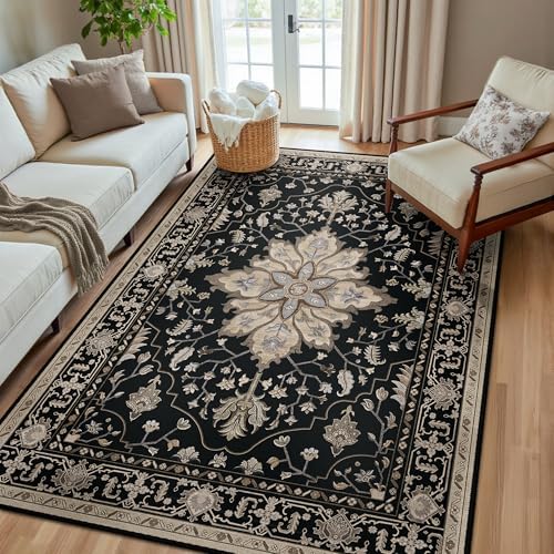 RELEANY Washable Area Rug, 5'x8', Black/Neutral by RELEANY