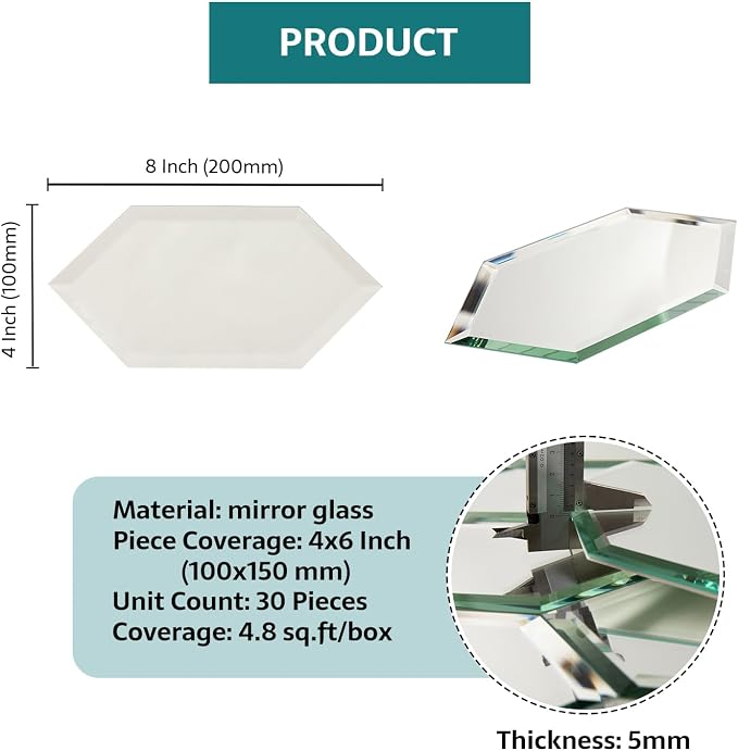 Peel and Stick Beveled Mirror Tile, 4x6 Inch Mirror Backsplash Tiles Long Hexagon for Kitchen Bathroom Wall Light Antique 30 Pcs, 4.8 SQ.FT - Image 3