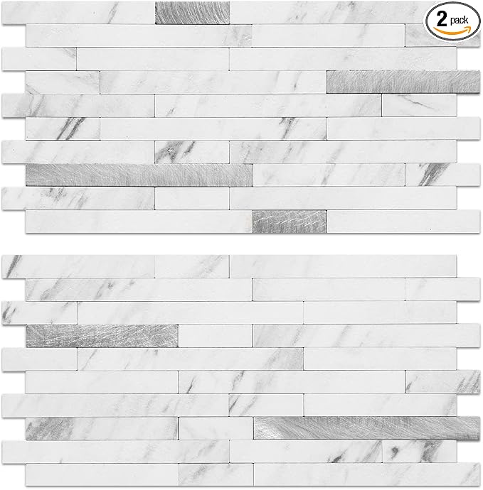 AULIGET Faux White Stone Peel and Stick Backsplash, 2 PVC Mixed Metal Wall Tiles Stick on Backsplash by AULIGET