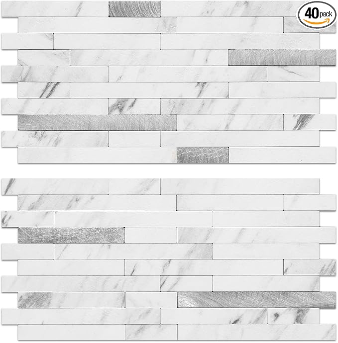 AULIGET 40 Sheets Faux Stone Peel and Stick Backsplash, White Marble Look PVC Wall Tiles Stick on Backsplash for Kitchen by AULIGET