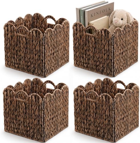 Set of 4 Foldable Scalloped Wicker Storage Cubes Basket, Storage Cube Bins -12"x12"x12", Collapsible Cube Organizers, Water Hyacinth Woven Bins for Bathroom, Bedroom, Shelves,...(Espresso Color) by SIEUSALEVN