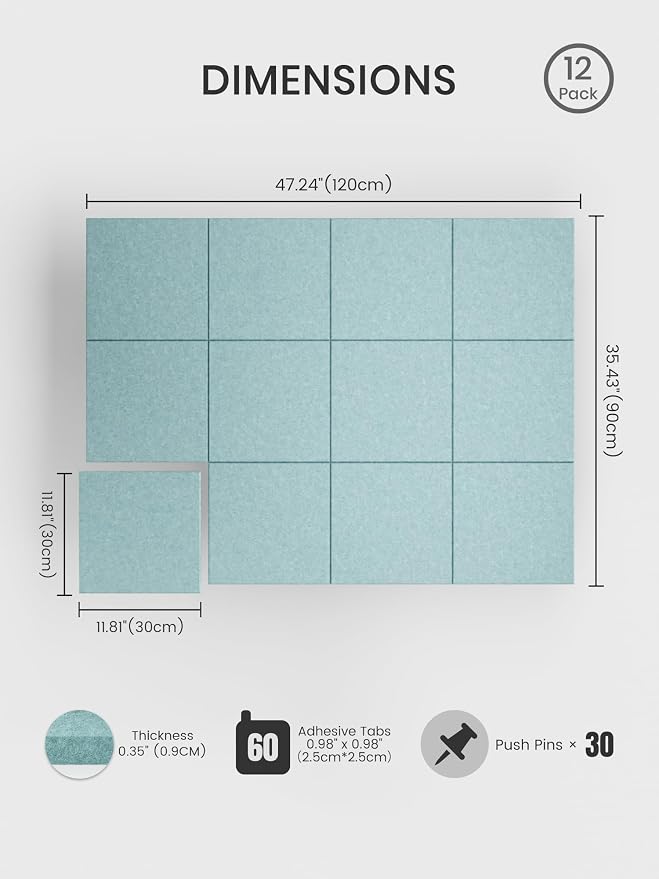 Bumusty 48"x 36" Large Felt Bulletin Board Tiles, Aqua Blue | 12-Pack Cork Board Alternative, Wall Decor, 30 Pushpins, 60 Adhesive Tabs, Vision Board, Office, Classroom, Home, Dorm - Image 2