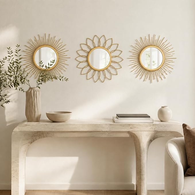 Gold Sunburst Mirror 14x14 Inch, Decorative Wall Accent with Metal Frame, Small Sun Mirror for Living Room, Bedroom, Entryway, Hallway, Boho Modern Home Decor - Image 3
