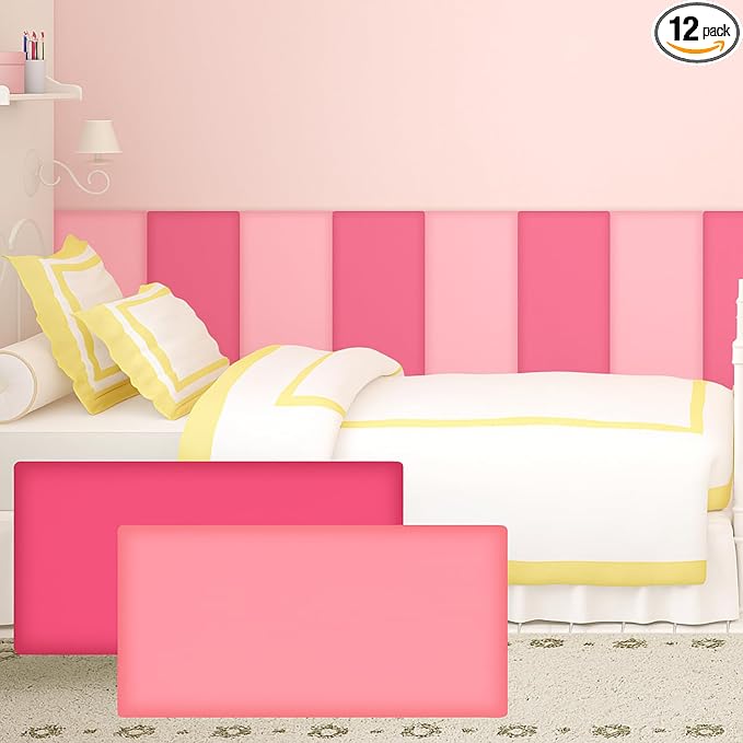 Hahafelt 12 Pack Wall Padding for Playroom Peel and Stick Headboard 15.75" x 7.87" x 1.18" 3D Anti Collision Upholstered Wall Panels Self Adhesive Headboard Panel for Protection (Rose Pink Colors) by Hahafelt