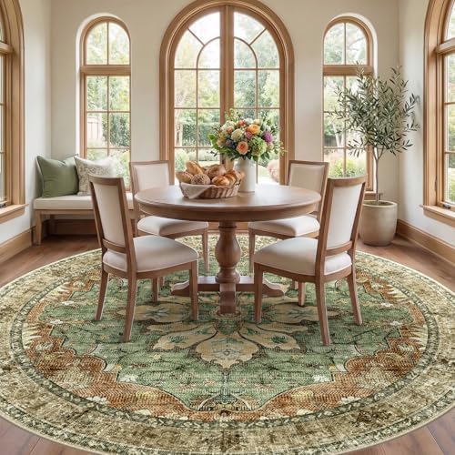 RELEANY Washable Area Rug, Round 10ft, Brick/Brown/Green - Image 3