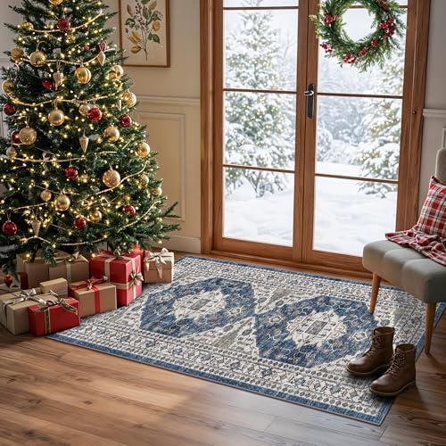 2x4 Non-Slip Entryway Area Rugs: Washable Stain Resistant Kitchen Carpet Printed Doormat Soft Low Pile Nursery Rug Vintage Small Floor Mat for Hardwood Bedroom Cozy Home Decor fot Family(2x4,Blue) by HYHAOYUNLAI