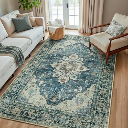 RELEANY Washable Area Rug, 5'x8', Blue/Vintage Dark Blue by RELEANY
