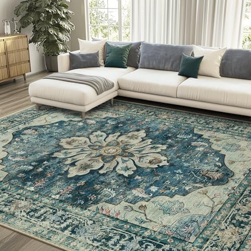 RELEANY Washable Area Rug, 7'x10', Blue/Vintage Dark Blue by RELEANY
