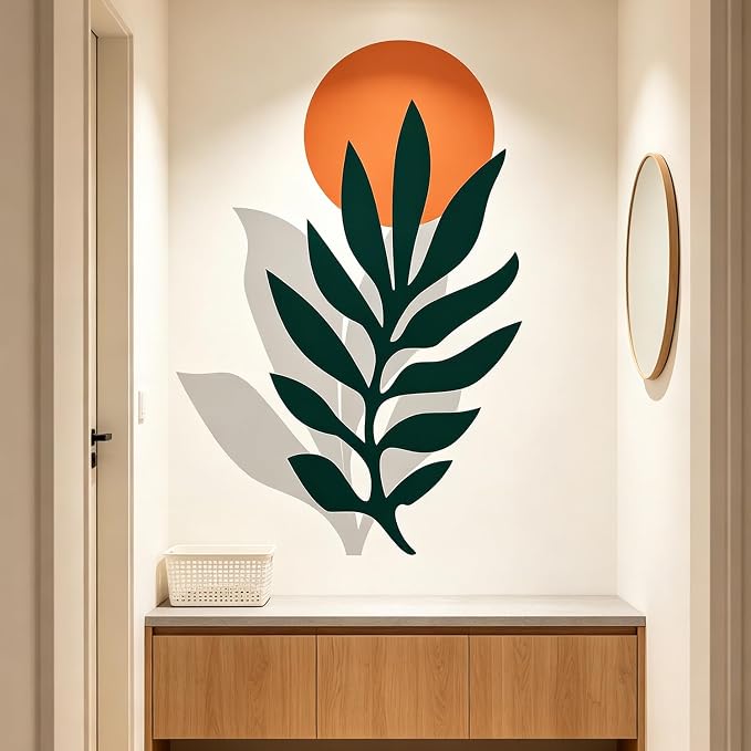 Floral Flower Orange Sun Boho Peel and Stick Wall Decor Decals Art | Botanical minimalist palm tree leaves removable vinyl wall stickers mural decoration for bedroom living room classroom office - Image 3