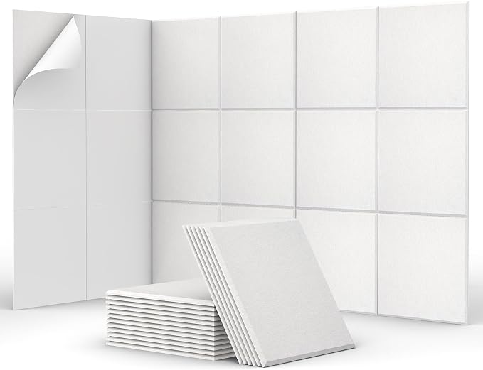 TONOR 18 Pack Acoustic Panels Self-adhesive, 11.6"x 11.6"x 0.4" Square Soundproof Wall Panels, Noise Dampening Insulation Treatment Wall Decor Sound Absorbing Padding for Recording Studio Home, White by TONOR