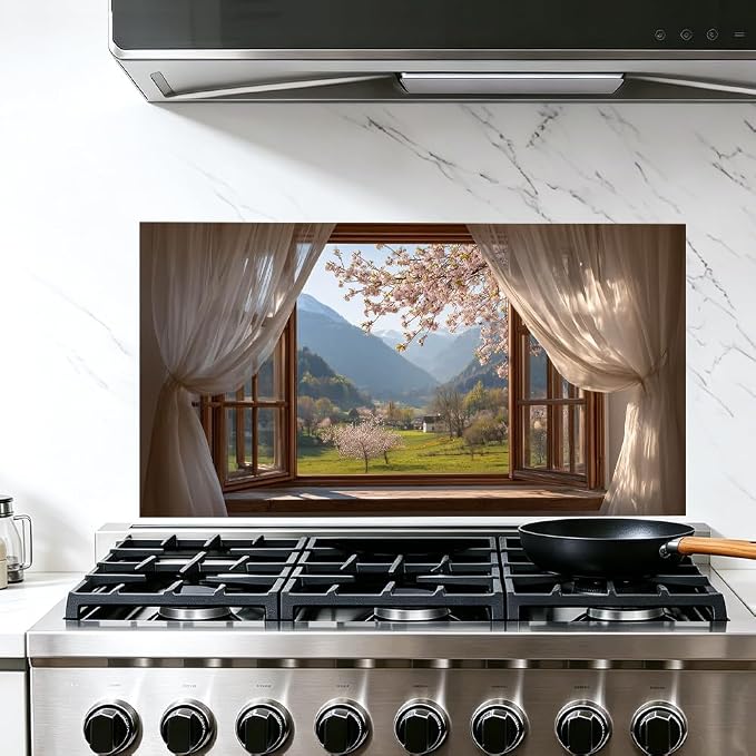 Cherry Blossom Mountain Kitchen Backsplash Peel and Stick, 30x16 in | Curtained window onto cherry blossoms over a sunlit mountain valley; flat 2D waterproof peel and stick; wipe clean; 30x16 in by JOYHAUE
