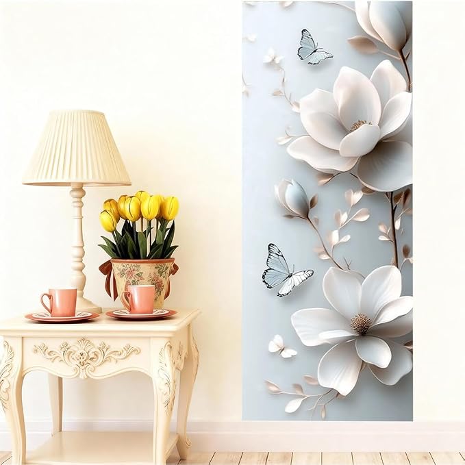 White Magnolia Door Mural, Butterfly Floral 3D Door Cover | Waterproof PVC, 30.3" W x 78.7" L; white magnolia design for bedroom, living room, office or closet doors. - Image 4