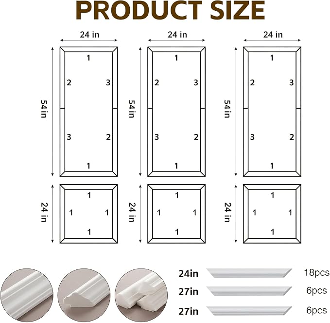 3 Set Peel and Stick Wall Molding Kit,Premade Self Adhesive Wainscoting Panels,Ready to Assemble Accent Molding Trim for Interior Wall Moulding Decor (24 x 54in) - Image 2