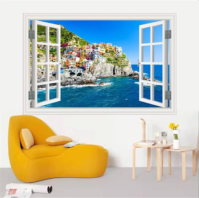 Self-Adhesive Wall Sticker Romantic Living Room Bedroom Study Office Decorative Wall Sticker Ocean Scenery Fake Window Sticker Mural (sea City, 32"×48") - Image 3