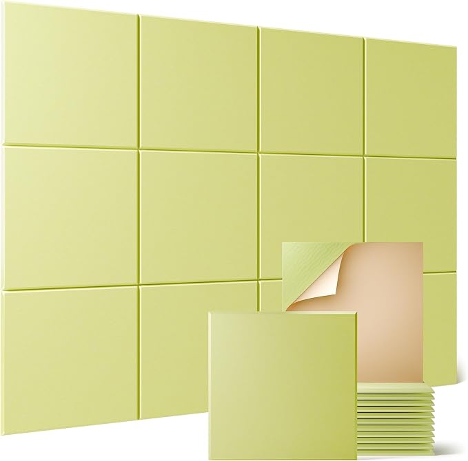 Sonicism 12 Pack Acoustic Wall Panels with Self-Adhesive, 12" X 12" X 0.4" Sound Proof Foam Panels, Decorative Soundproof Wall Panels, Sound Proof Absorbing Tiles for Home & Offices, Pale Yellow by Sonicism