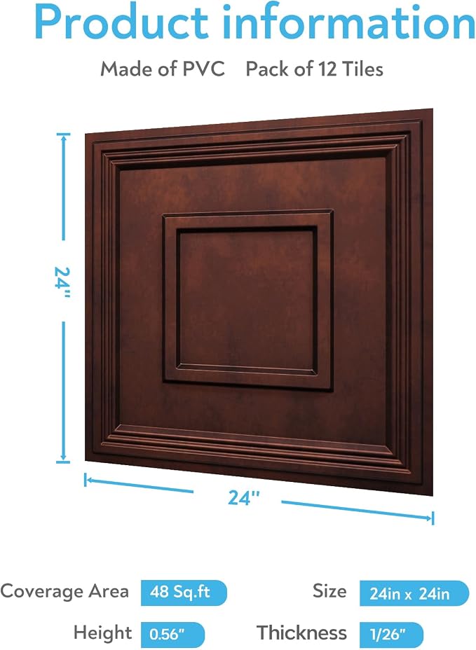 STICKGOO Glue Up Ceiling Tiles, 24x24 Inch PVC Decorative Drop Ceiling Tile Antique Copper 48 Sq. Ft, Pack of 12 Tiles - Image 5