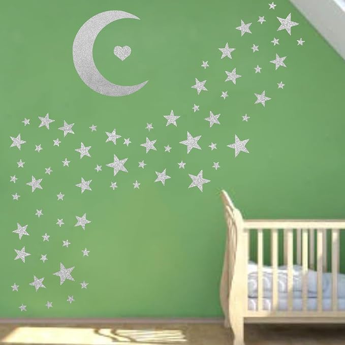Star Wall Decals Silver Stars Moon Stickers Peel and Stick Celestial Decor | Star and moon decor, sparkle decal for walls, wall sticker, removable vinyl art mural, peel and stick, for kids baby bedroom - Image 8