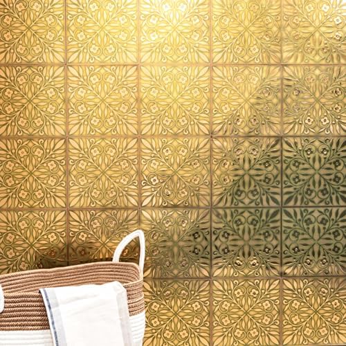 Main Street Peel and Stick Wallpaper Tiles, Gold & Green Leaves, 24-Pack - Image 3