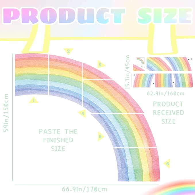 17.7×63 Inch Rainbow Wall Decal Watercolor Mural Rainbow Modern Vinyl Peel and Stick Sticker Removable for Classroom Living Room Bedroom Playroom Decor - Image 2