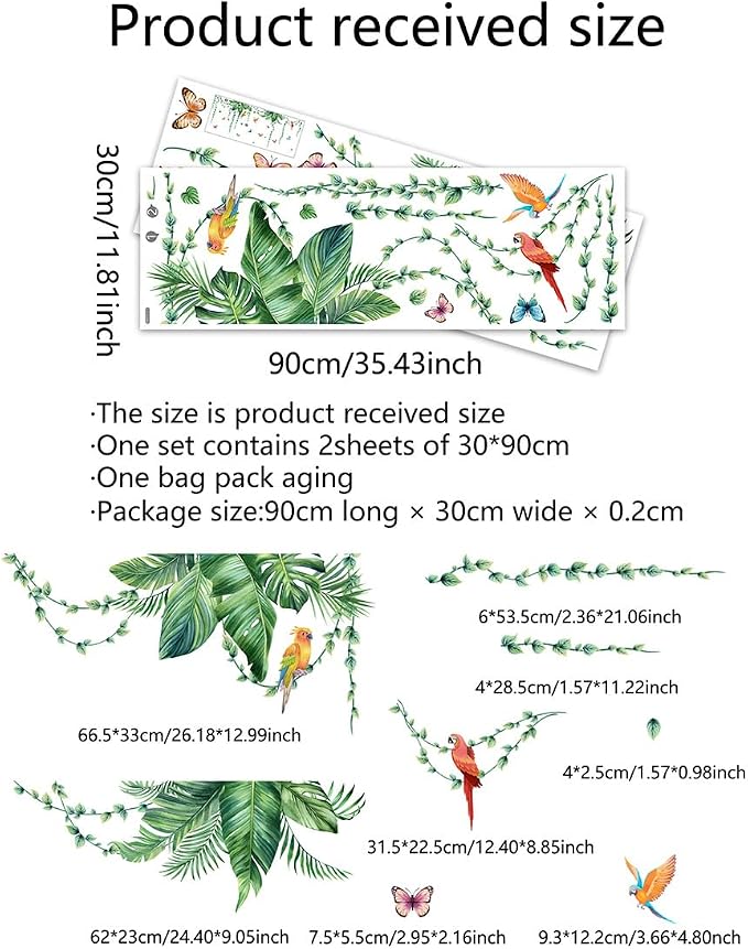Jungle Wall Decals Peel and Stick, Large Tropical Palm Leaves & Parrot Wall Stickers, Removable Watercolor Forest Mural for Living Room, Bedroom, Nursery (Green-a) - Image 2