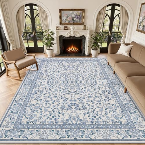 8x10 Area Rug Living Room: Soft Floral Washable Boho Carpet Blue by EXPEDIX