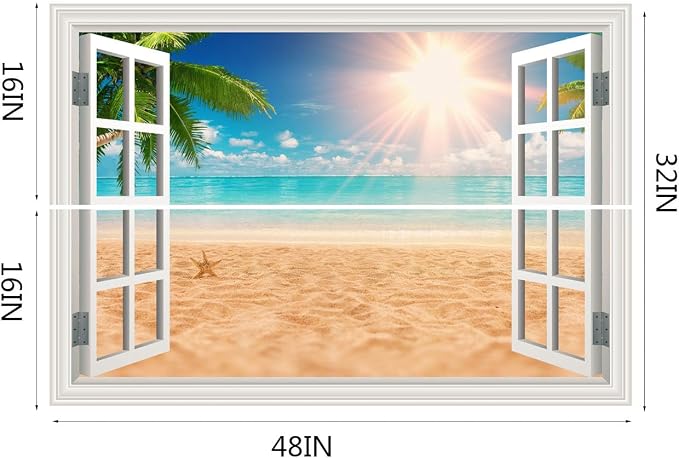 Fake Window Wall Decal- Summer Beach Ocean Palm Tree Open Wall Art Sticker | Faux Window Natural Scenery Landscape Mural ｜ Stick and Peel Wall Decals｜Room Bedroom Office Decor｜48"x32",Set of 2 Sheets - Image 3