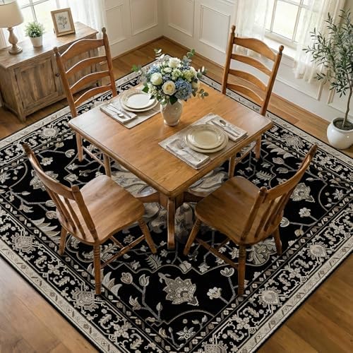 RELEANY Washable Area Rug, Square 7'x7', Black/Neutral by RELEANY