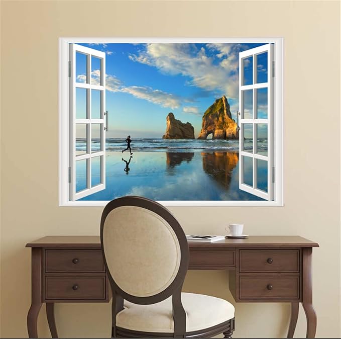 Self-Adhesive Wall Sticker Romantic Living Room Bedroom Study Office Decorative Wall Sticker Ocean Scenery Fake Window Sticker Mural (17.3"×27.6", Early Morning Beach) - Image 4