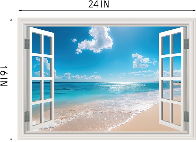Fake Window Poster Wall Art Sticker - Summer Beach Faux Window Wall Mural for Wall Decor, Stick and Peel Wall Decals, 24" x 16" - Image 6