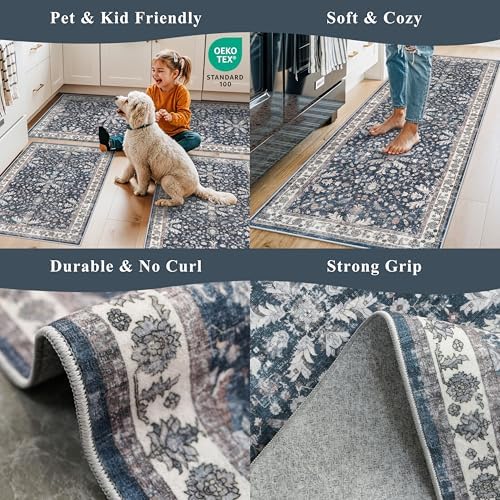 2x6ft Washable Hallway Carpet Runner – Non-Skid Floor Runner Rug for Kitchen Indoor Entryway Bedroom Bathroom Bedside – Boho Vintage Soft Low-Pile Area Rug (Blue,2x6) - Image 5