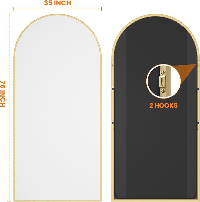 Arched Full Length Mirror, 75"x35" Standing Body Mirror for Wall, Gold - Image 7