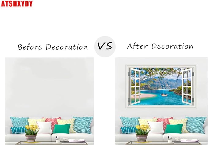 Fake Window Wall Decal- Beach Seascape Mountain Forest Open Wall Sticker | Faux Window Ocean Sailboat Natural Scenery Landscape Art Mural｜Stick and Peel Wall Decals｜for Room Office Scene Decor｜24"x16" - Image 3
