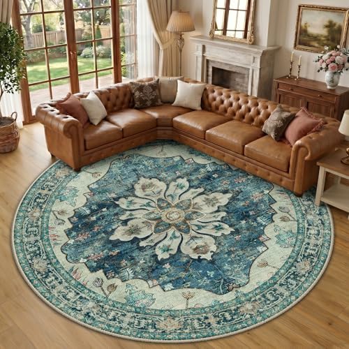 RELEANY Washable Area Rug, Round 10ft, Blue/Vintage Dark Blue by RELEANY