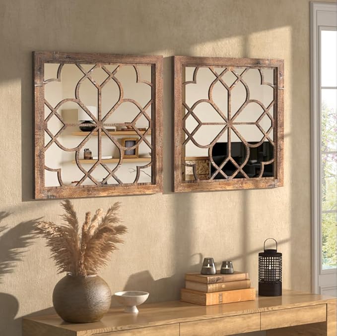 Set of 2 18 Inch Large Square Maroon Window Pane Wall Mirrors, Shatterproof Rustic Farmhouse Boho Vintage Accent Mirrors for Living Room, Bedroom, Bathroom, Entryway & Home Decor by HMANGE