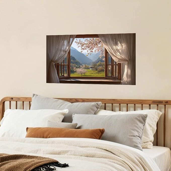 Cherry Blossom Mountain Kitchen Backsplash Peel and Stick, 30x16 in | Curtained window onto cherry blossoms over a sunlit mountain valley; flat 2D waterproof peel and stick; wipe clean; 30x16 in - Image 7
