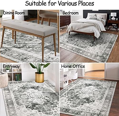 Moynesa Ultra-Thin Washable Area Rug - 5x7 Large Gray Rug for Living Room Vintage Rugs for Bedroom, Non Slip Non Shedding Pet Friendly Dining Room Mat Carpet for Department Office Kitchen - Image 6