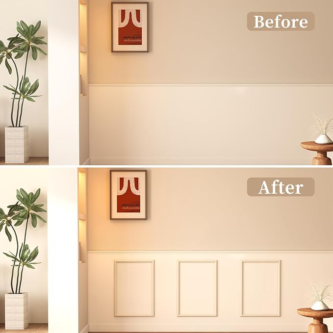 JBER Peel and Stick Wall Molding Kit, 6 Pre-Cut Wainscoting Panels, White | Ready-to-assemble pre-cut molding, 3D wall trim for interior wall décor, living room & bedroom, 3 top 3 bottom - Image 4