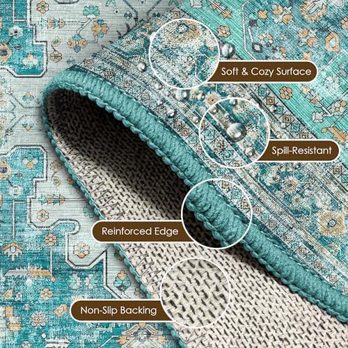 Washable Area Rug 5' x 7' Vintage Traditional Persian Mat - Foldable Distressed Non-Slip Machine Washable Carpet for Living Room Bedroom Kitchen Home Decor - Teal and Gold - Image 6