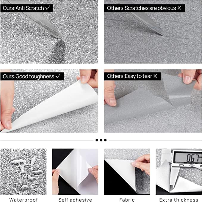 FunStick 3.9"x472" Silver Glitter Wallpaper Border Sparkle Glitter Wallpaper Peel and Stick Mirror Borders for Bathroom Wall Paper Border Sticker Silver Contact Paper for Bedroom Dresser Waterproof - Image 4